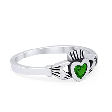 Irish Claddagh Simulated Green Emerald CZ Heart Promise Ring 925 Sterling Silver